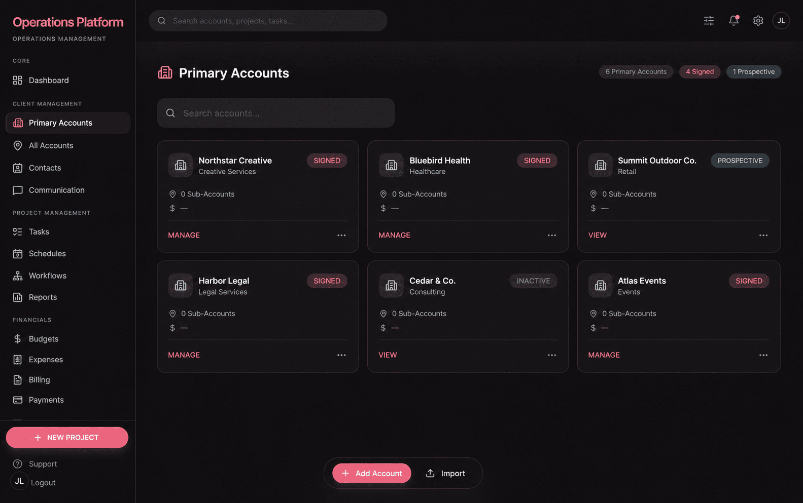 Primary account management screen with status and industry cards