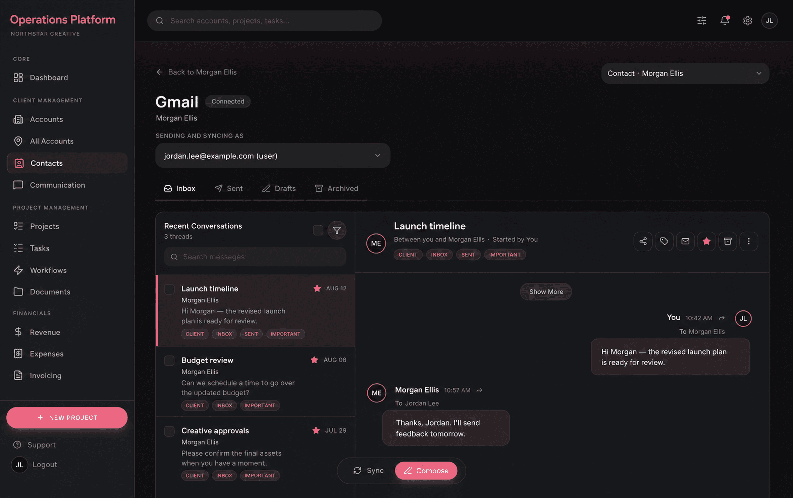 Gmail workspace embedded in a contact record